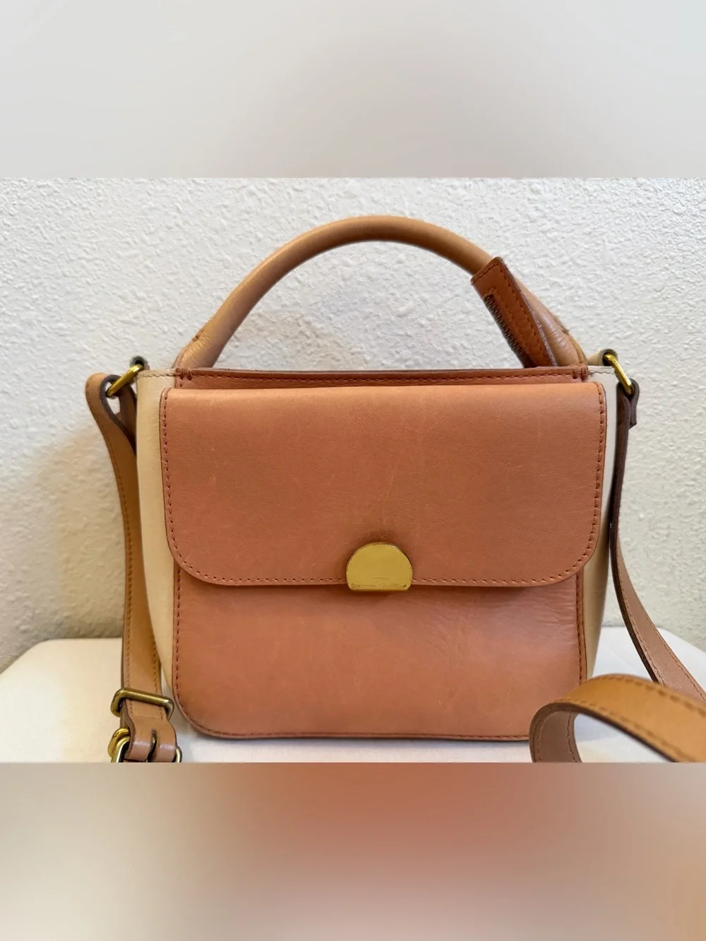 Madewell Leather Top Handle Crossbody Bag Detachable Strap Tan Cream Small